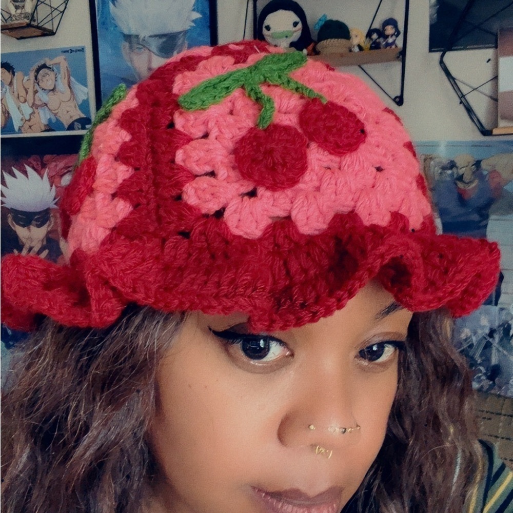 π Handmade Crochet Cherry Ruffle Hat π - Picture 2 of 6